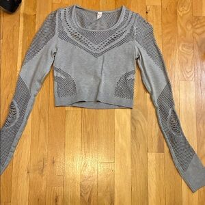 ALO Yoga Grey Cropped Knit Long-Sleeve Top with Openwork Detailing